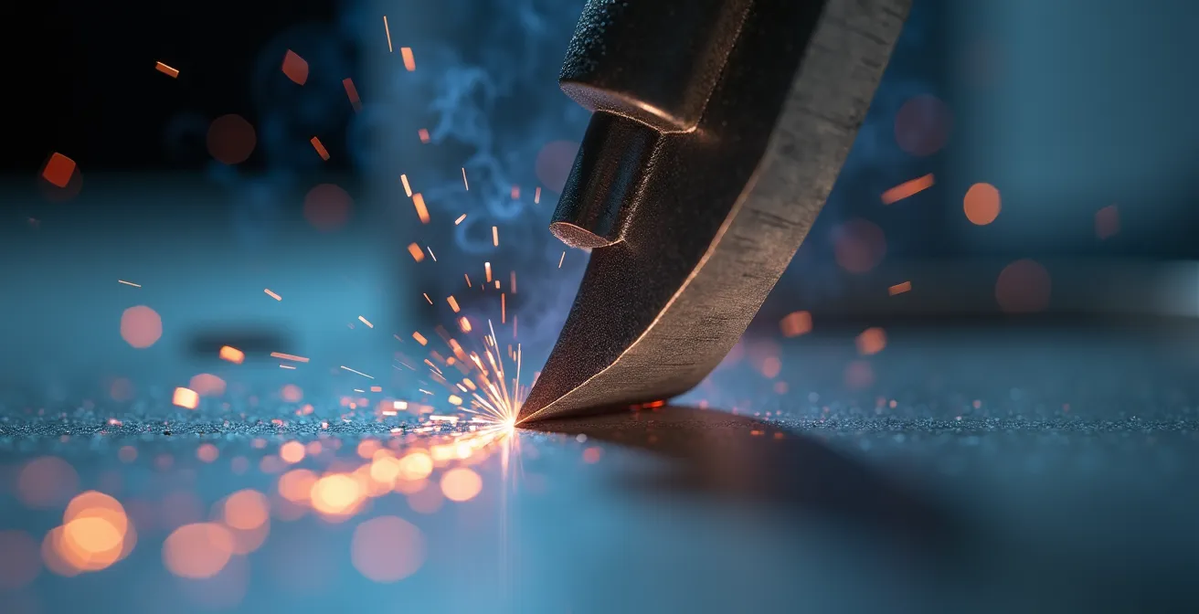 Détail macro d'une soudure TIG parfaite sur acier inoxydable