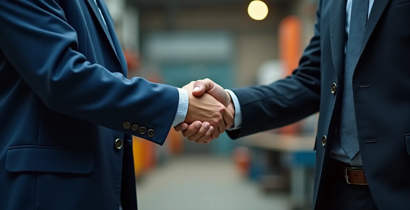 Poignée de main professionnelle symbolisant un partenariat industriel solide
