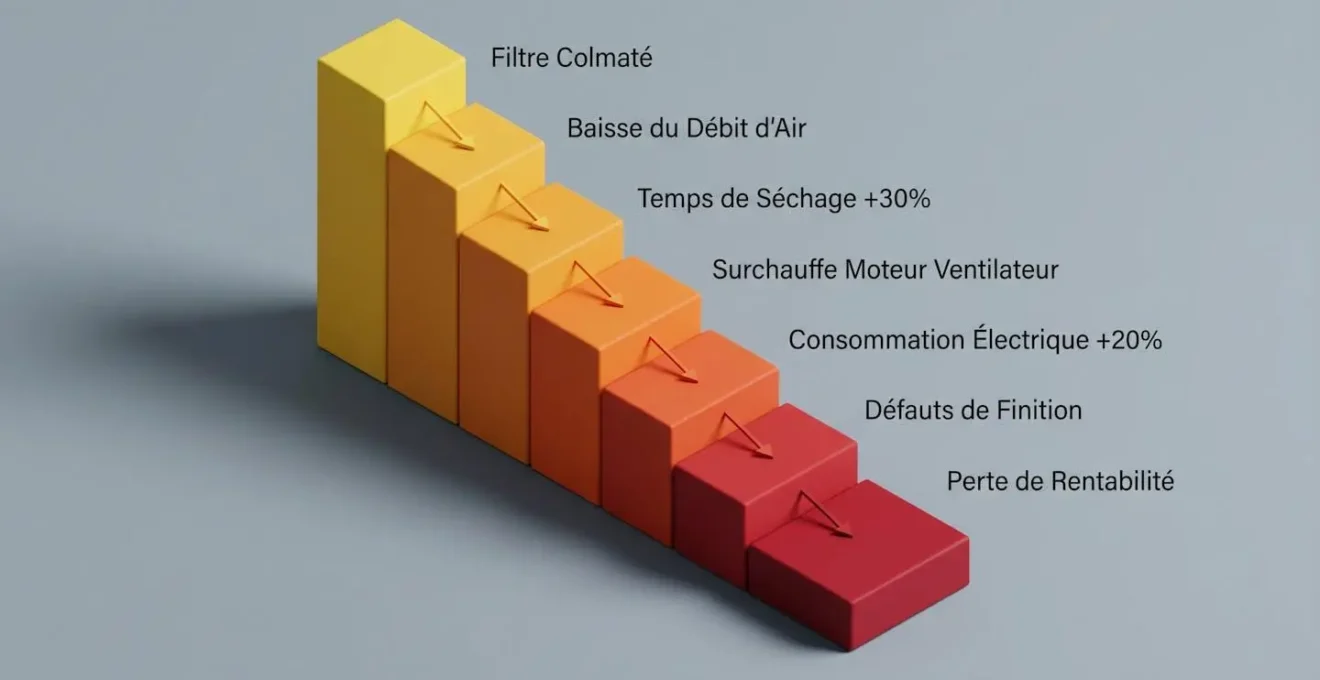 Illustration isométrique montrant une cascade de blocs géométriques en pyramide inversée avec flèches et étiquettes en français, représentant l'amplification progressive d'un dysfonctionnement