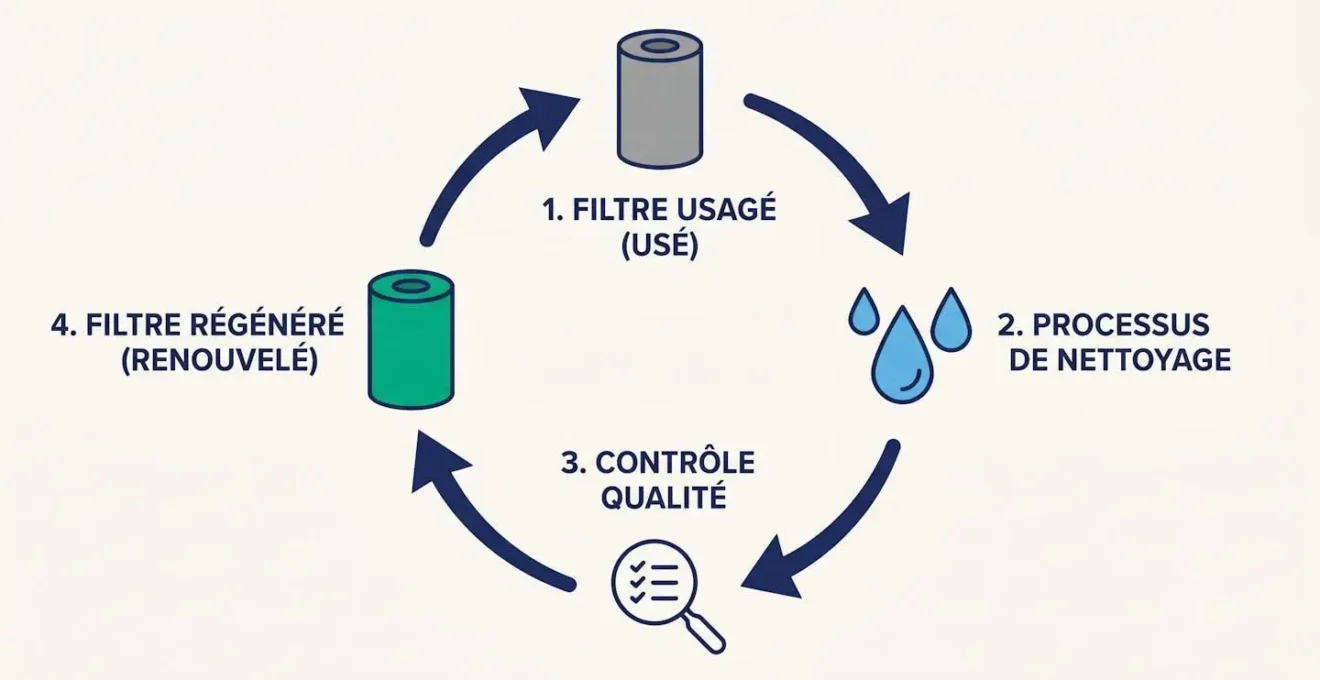 Diagramme circulaire en design plat montrant le cycle de régénération d'un filtre en 4 étapes avec icônes et étiquettes en français : filtre usagé, nettoyage, contrôle qualité, filtre régénéré