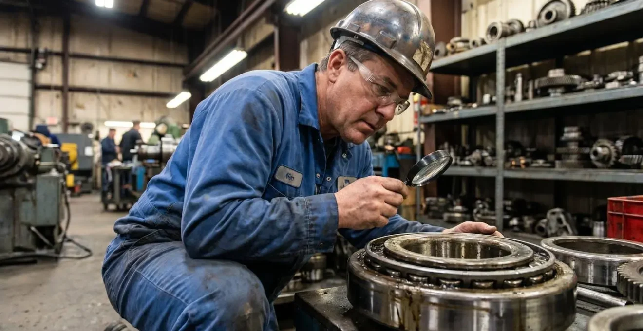 Responsable maintenance qui inspecte un roulement industriel dans un atelier de production