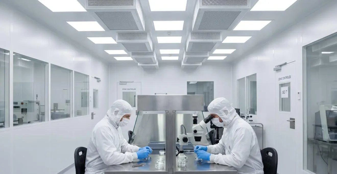 Vue intérieure d'une salle blanche ISO 7 avec techniciens en tenue complète réalisant un assemblage de composants de précision