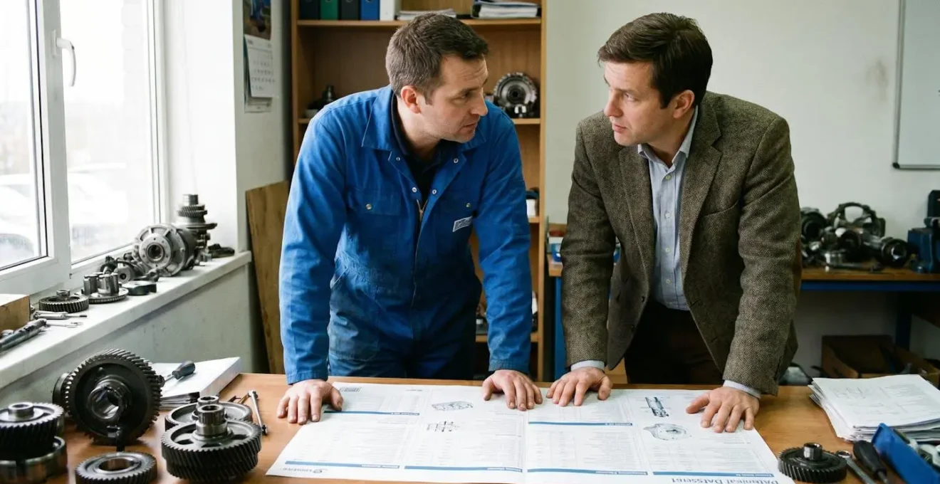 Technicien industriel consultant une fiche technique de roulement avec un acheteur dans un bureau d'atelier