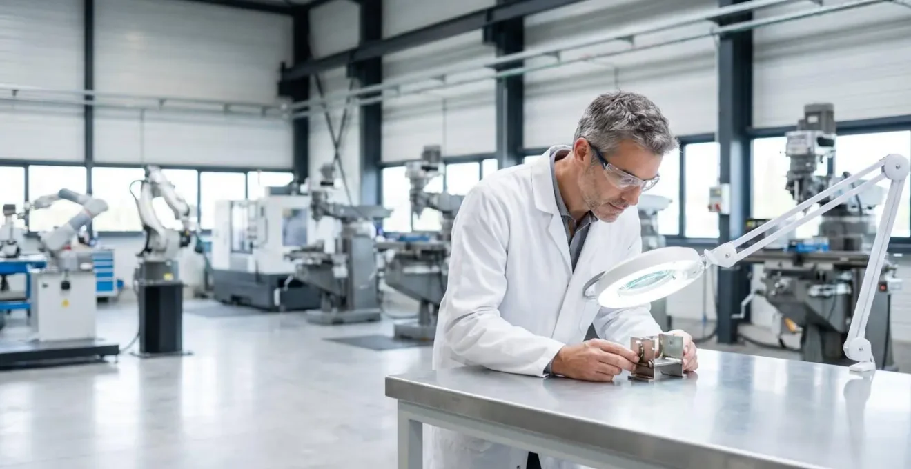 Technicien industriel inspectant une soudure laser sur une pièce métallique de haute précision dans un atelier propre