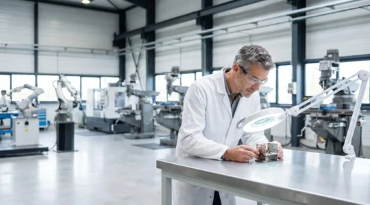 Technicien industriel inspectant une soudure laser sur une pièce métallique de haute précision dans un atelier propre