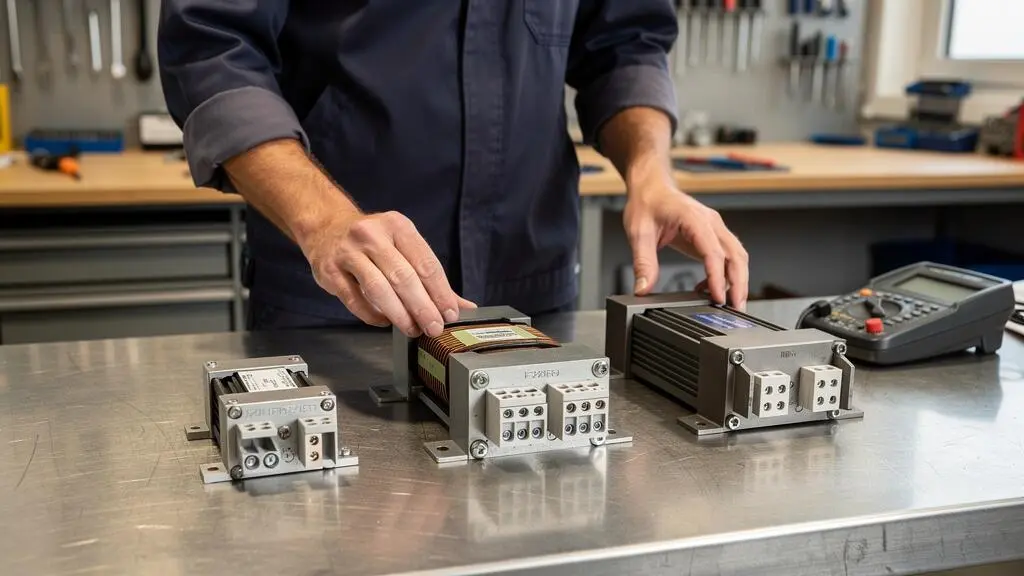 Technicien comparant trois types différents d'électro-aimants sur un établi d'atelier de maintenance