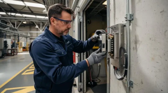 Technicien de maintenance inspectant un électro-aimant de verrouillage monté sur une porte de sécurité industrielle