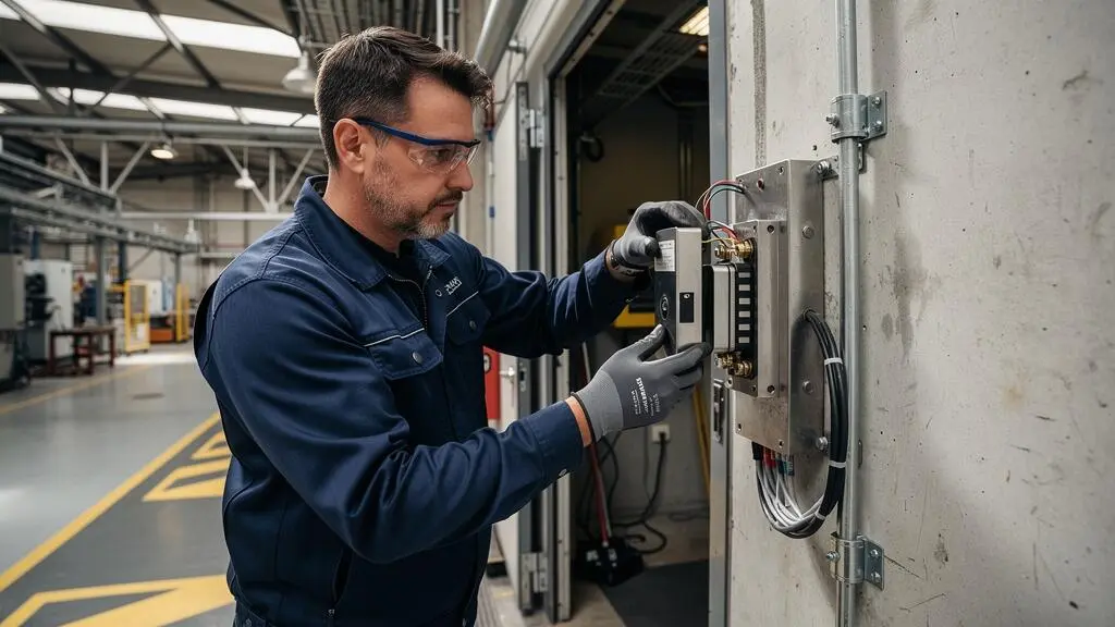 Technicien de maintenance inspectant un électro-aimant de verrouillage monté sur une porte de sécurité industrielle