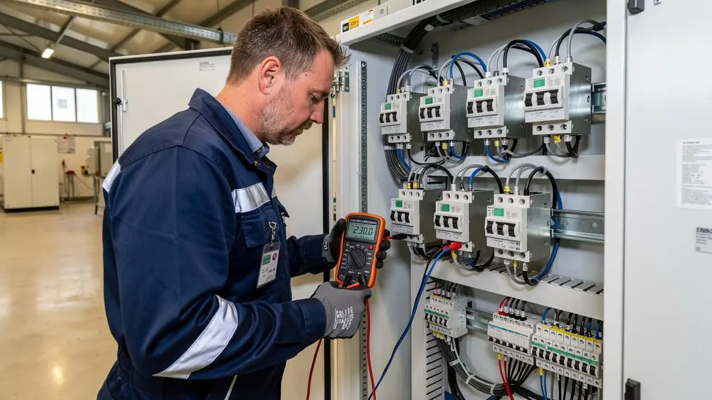 Technicien utilisant un multimètre pour tester des électro-aimants bistables dans une armoire électrique industrielle